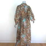 Zimmermann Cassia Tie-Waist Midi Dress Olive Brown Floral Print Linen Size 2