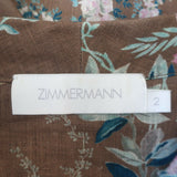 Zimmermann Cassia Tie-Waist Midi Dress Olive Brown Floral Print Linen Size 2