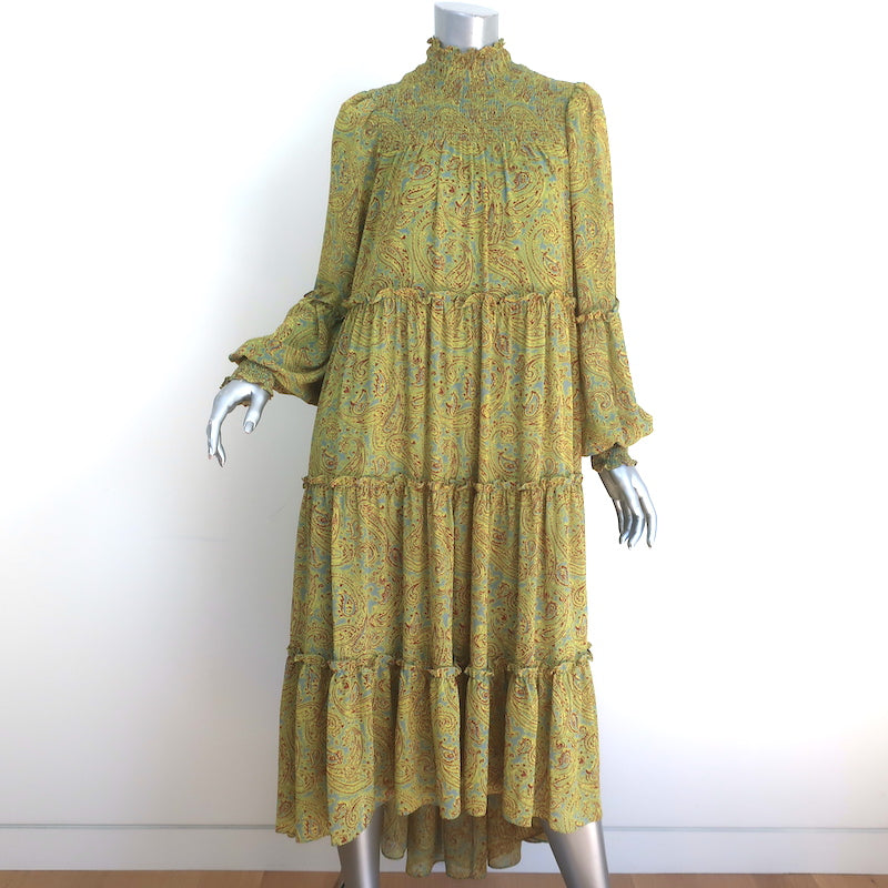 Cinq a Sept High-Low Midi Dress Rika Lime Paisley Print Ruffled Crepe Celebrity Owned Cinq a Sept High-Low Midi Dress Rika Lime Paisley Print Ruffled Crepe Celebrity Owned
