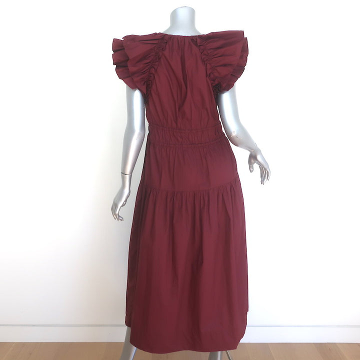 Ulla Johnson Arina Flutter Sleeve Tie-Waist Midi Dress Claret Cotton Size 6