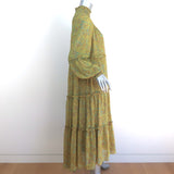 Cinq a Sept High-Low Midi Dress Rika Lime Paisley Print Ruffled Crepe Size 8