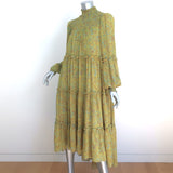 Cinq a Sept High-Low Midi Dress Rika Lime Paisley Print Ruffled Crepe Size 8