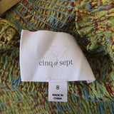 Cinq a Sept High-Low Midi Dress Rika Lime Paisley Print Ruffled Crepe Size 8