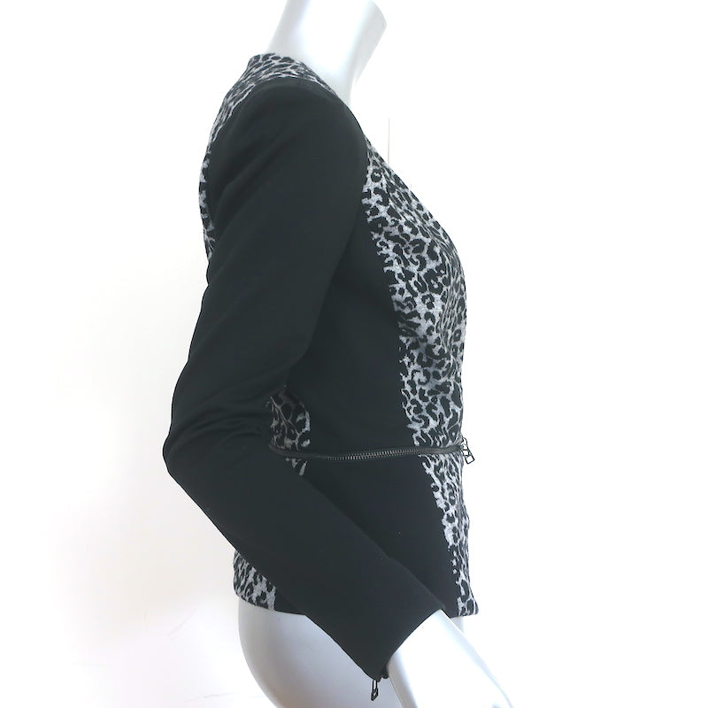 Rebecca Taylor Leopard Zip-Hem Peplum Jacket Gray &amp; Black Wool Knit Size 6