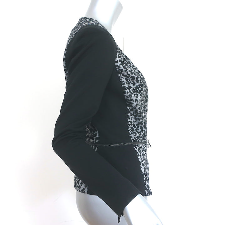Rebecca Taylor Leopard Zip-Hem Peplum Jacket Gray &amp; Black Wool Knit Size 6