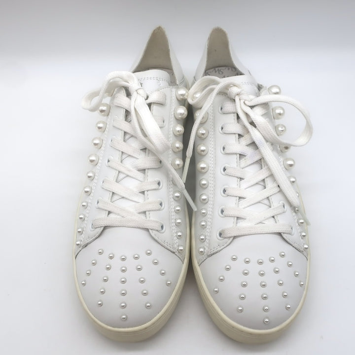 Stuart Weitzman Goldie Faux Pearl Convertible Sneakers White Leather Size 10