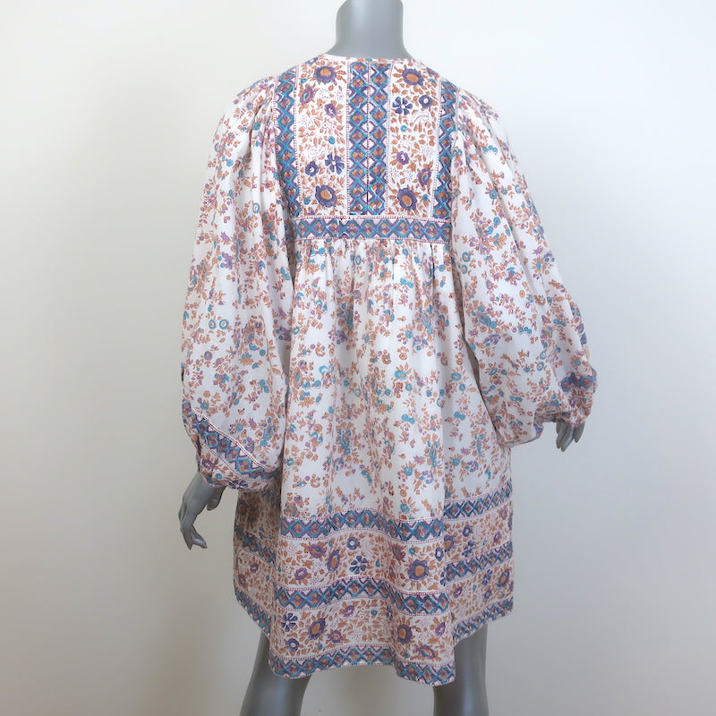 Mille Daisy Tassel-Tie Mini Dress Cream Floral Print Cotton Size Medium
