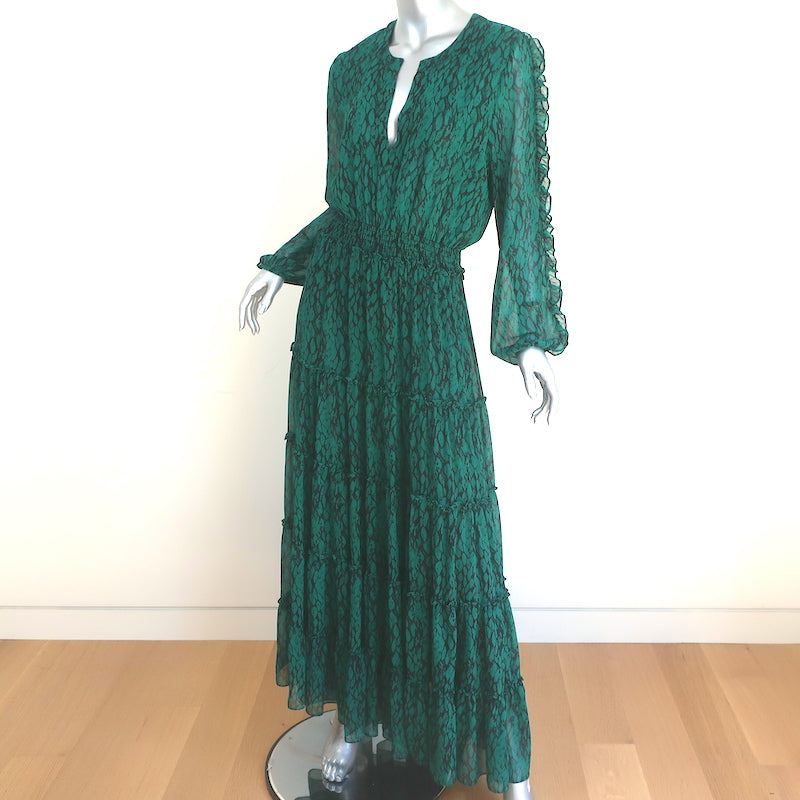 MISA Tiered Maxi Dress Hadeya Emerald Snakeskin Print Chiffon Size Lar – Celebrity Owned MISA Tiered Maxi Dress Hadeya Emerald Snakeskin Print Chiffon Size Lar – Celebrity Owned