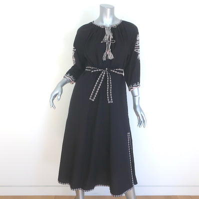 Ulla Johnson Sofia Embroidered Belted Midi Dress Black Cotton Size 2