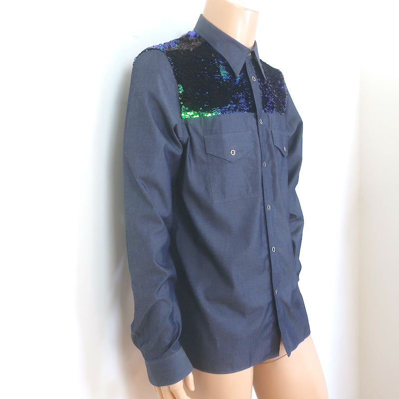 Paul Smith Sequined Yoke Snap-Front Shirt Blue Chambray Size Extra Large