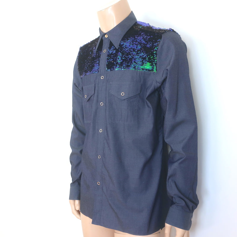 Paul Smith Sequined Yoke Snap-Front Shirt Blue Chambray Size Extra Large