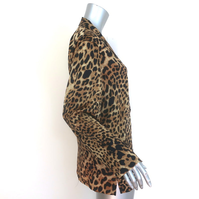Nili Lotan Juste Leopard Print Silk Satin Pajama Shirt Brown Size Medium