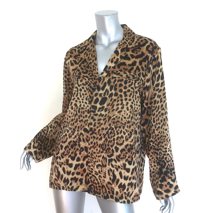Nili Lotan Juste Leopard Print Silk Satin Pajama Shirt Brown Size Medium