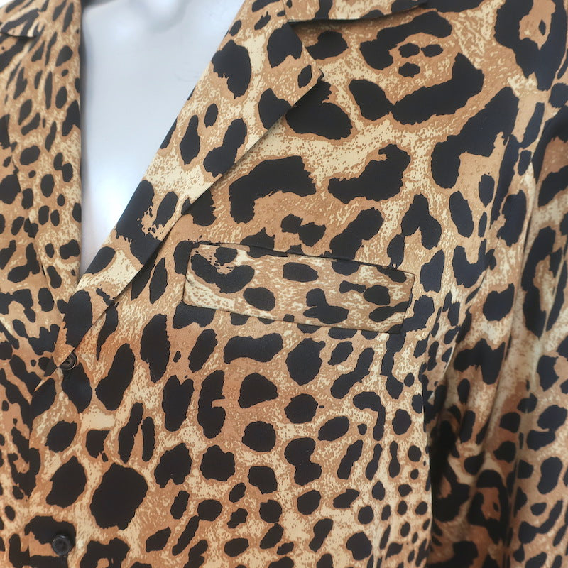 Nili Lotan Juste Leopard Print Silk Satin Pajama Shirt Brown Size Medium