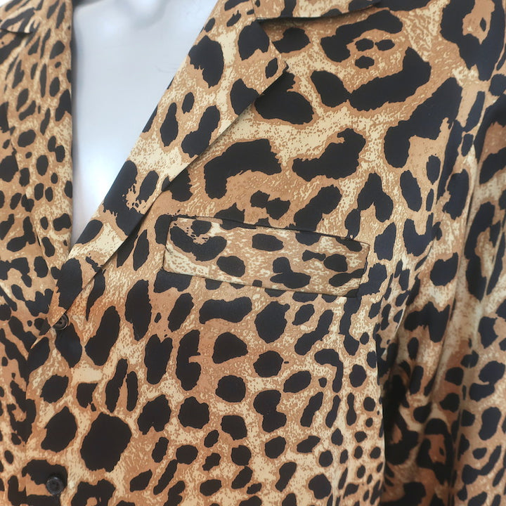 Nili Lotan Juste Leopard Print Silk Satin Pajama Shirt Brown Size Medium