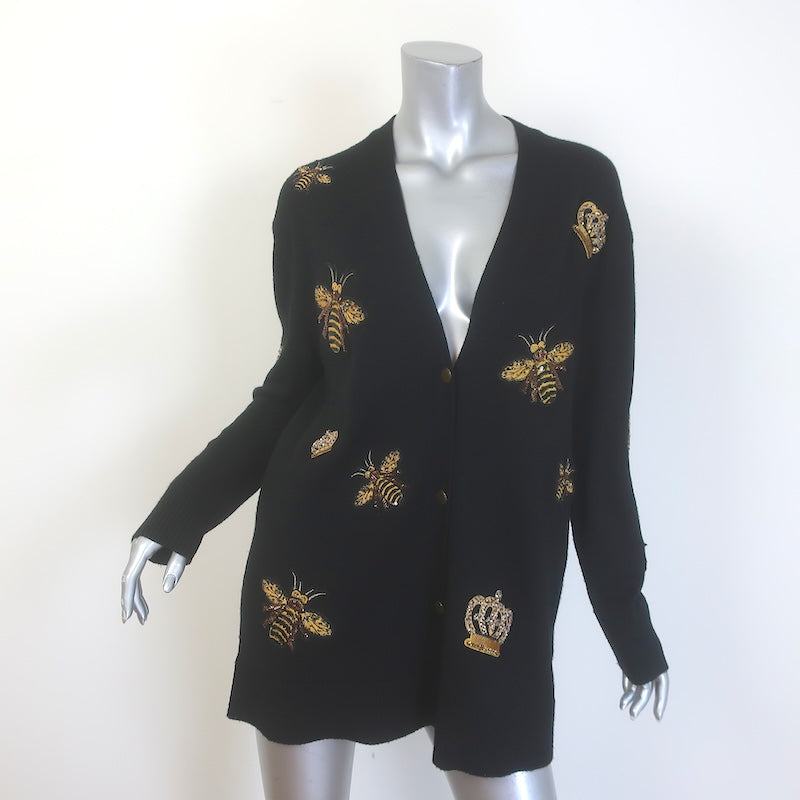 Alice + Olivia Bradford Bee-Embroidered Cardigan Black Stretch Wool Size Medium