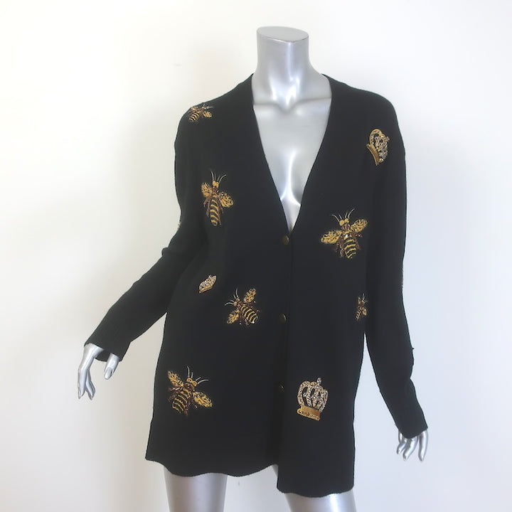 Alice + Olivia Bradford Bee-Embroidered Cardigan Black Stretch Wool Size Medium