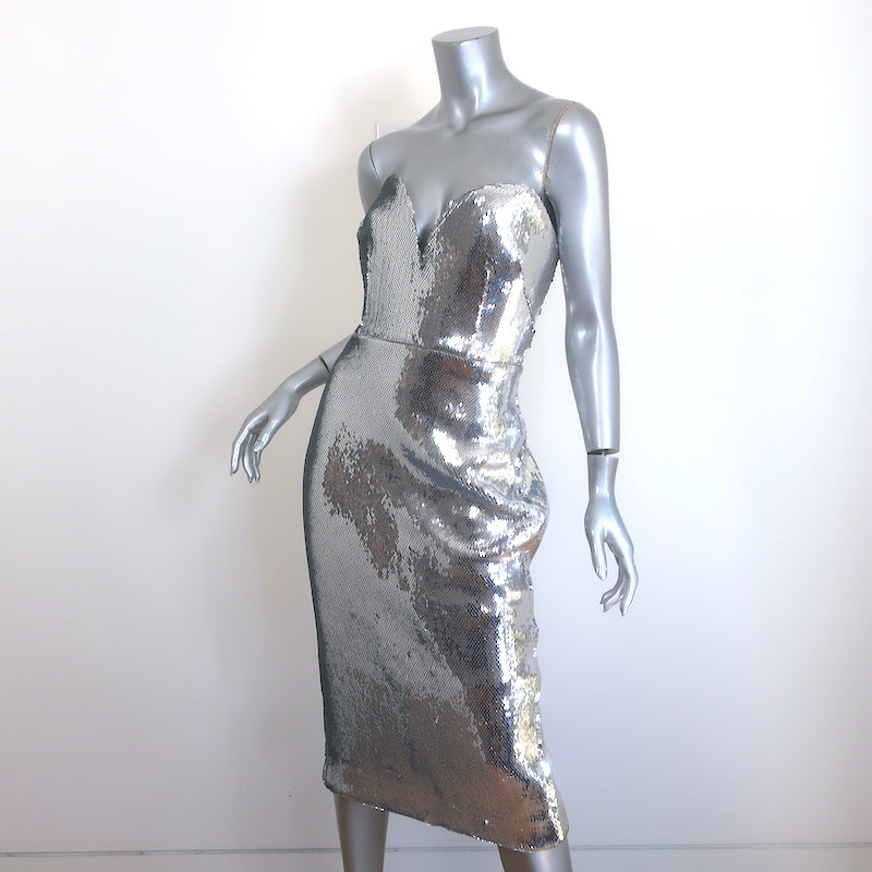 Alex Perry Hunter Sequined Strapless Midi Dress Silver Size UK 12 US 8 NEW