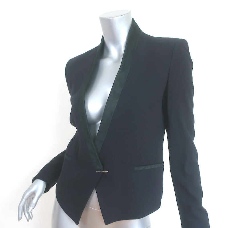 Helmut Lang Jacket Black Leather-Trimmed Stretch Wool Size 0