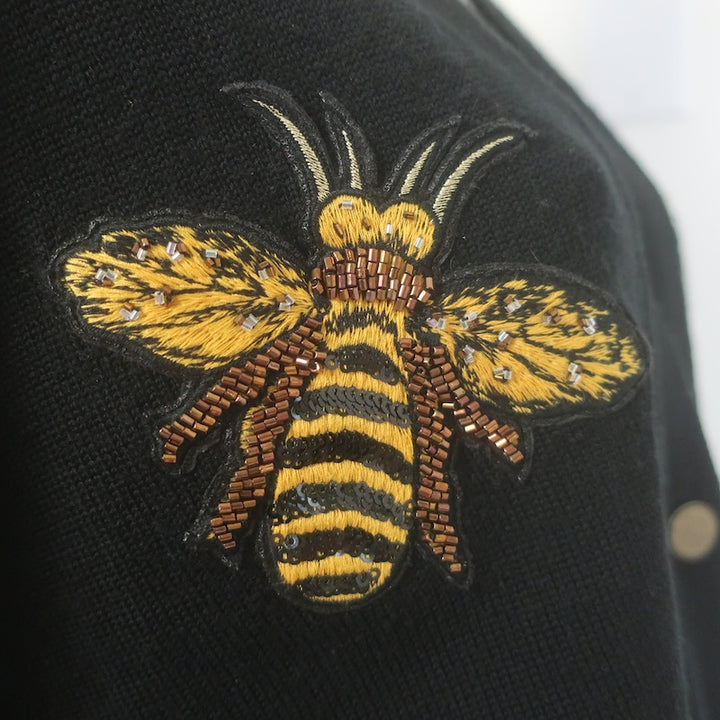Alice + Olivia Bradford Bee-Embroidered Cardigan Black Stretch Wool Size Medium