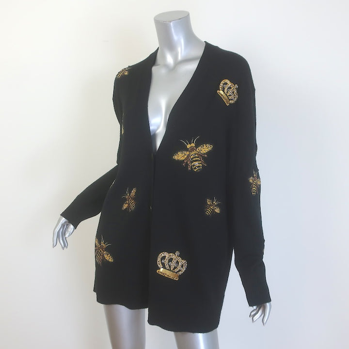Alice + Olivia Bradford Bee-Embroidered Cardigan Black Stretch Wool Size Medium