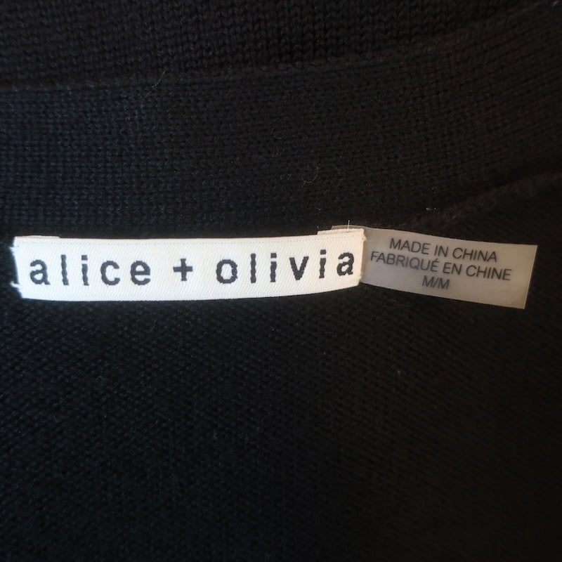 Alice + Olivia Bradford Bee-Embroidered Cardigan Black Stretch Wool Size Medium