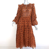 Ulla Johnson Tiered Midi Dress Aliya Ochre Printed Ruffled Silk Chiffon Size 8