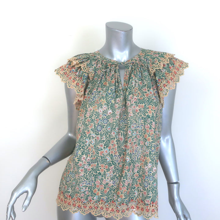 Ulla Johnson Elm Eyelet-Embroidered Tie-Neck Top Peach/Green Floral Print Size 6