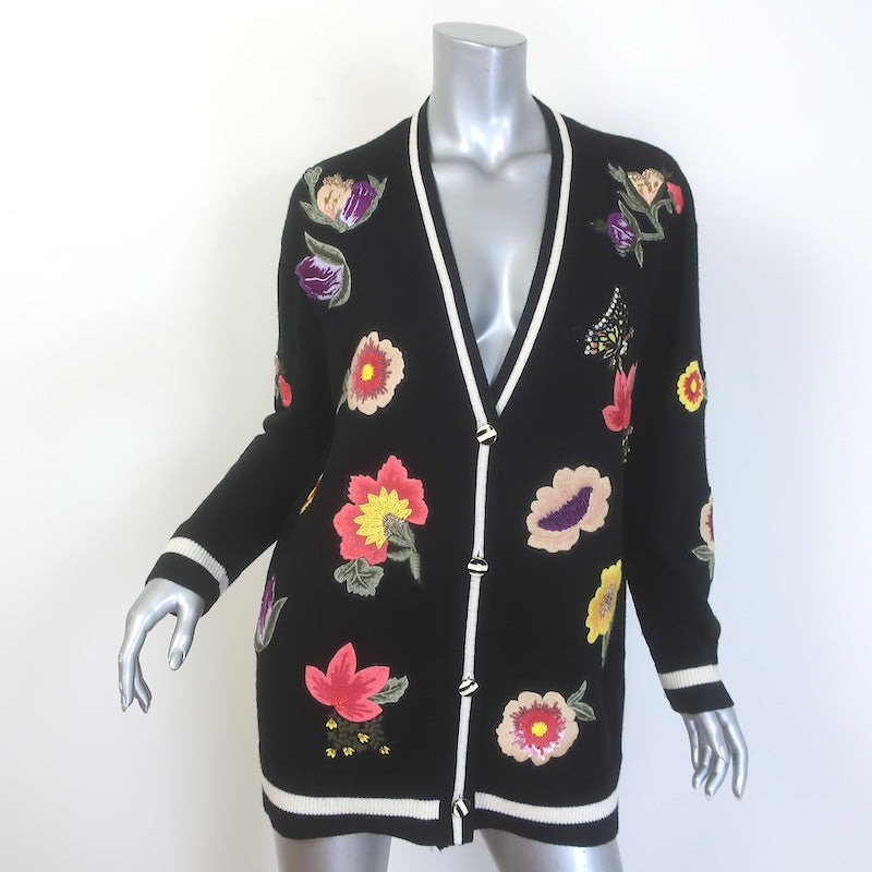 Alice + Olivia Bradford Floral-Embroidered Cardigan Black Wool Size Medium