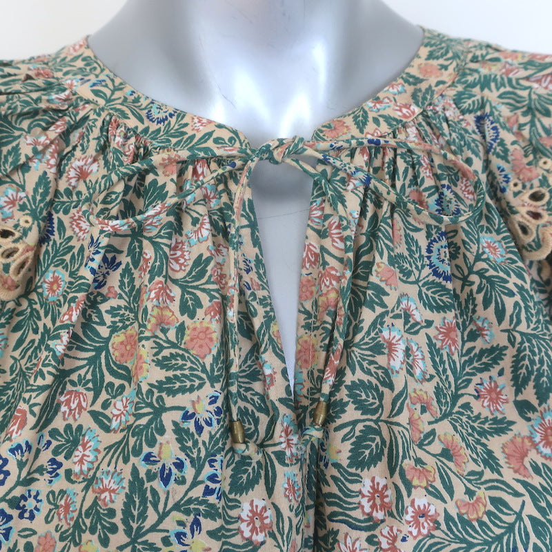 Ulla Johnson Elm Eyelet-Embroidered Tie-Neck Top Peach/Green Floral Print Size 6