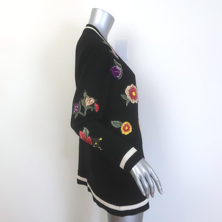 Alice + Olivia Bradford Floral-Embroidered Cardigan Black Wool Size Medium
