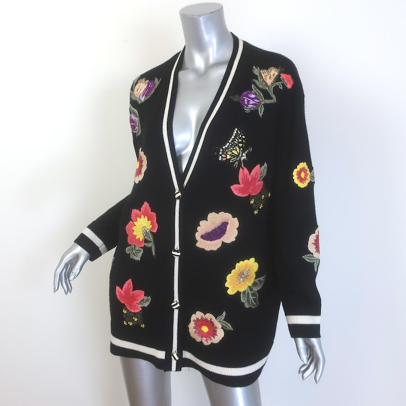 Alice + Olivia Bradford Floral-Embroidered Cardigan Black Wool Size Medium