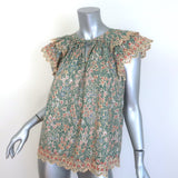 Ulla Johnson Elm Eyelet-Embroidered Tie-Neck Top Peach/Green Floral Print Size 6