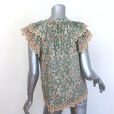 Ulla Johnson Elm Eyelet-Embroidered Tie-Neck Top Peach/Green Floral Print Size 6