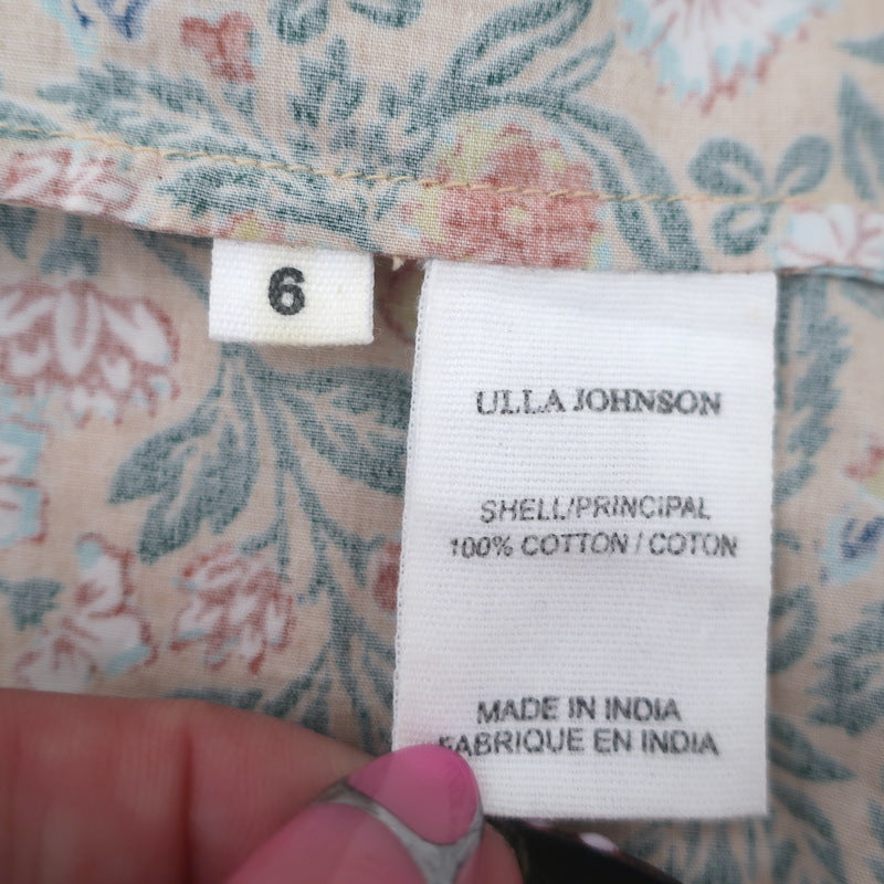 Ulla Johnson Elm Eyelet-Embroidered Tie-Neck Top Peach/Green Floral Print Size 6