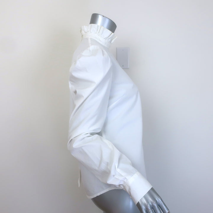 FRAME Ruffle Neck Button-Back Blouse White Cotton Size Medium Long Sleeve Top