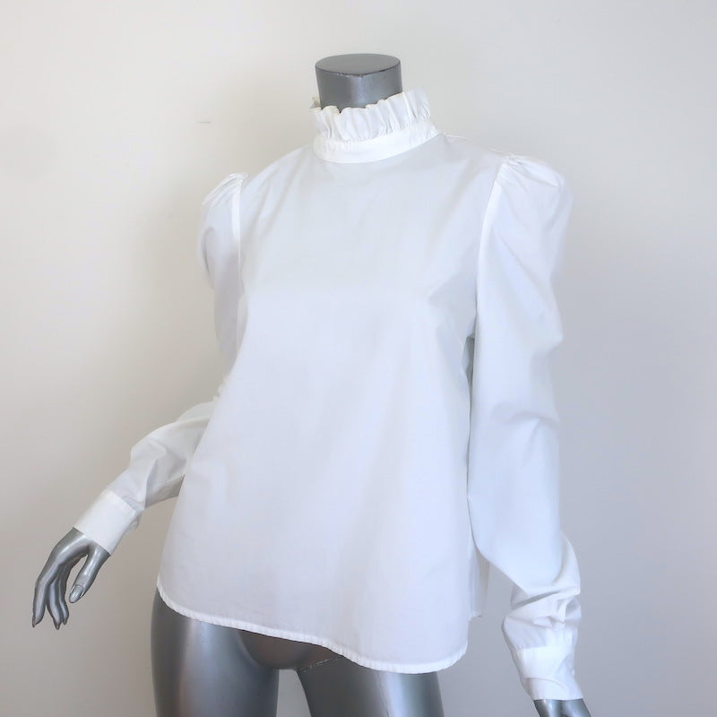 FRAME Ruffle Neck Button-Back Blouse White Cotton Size Medium Long Sleeve Top