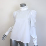 FRAME Ruffle Neck Button-Back Blouse White Cotton Size Medium Long Sleeve Top