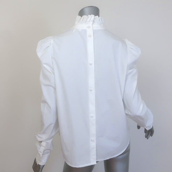 FRAME Ruffle Neck Button-Back Blouse White Cotton Size Medium Long Sleeve Top