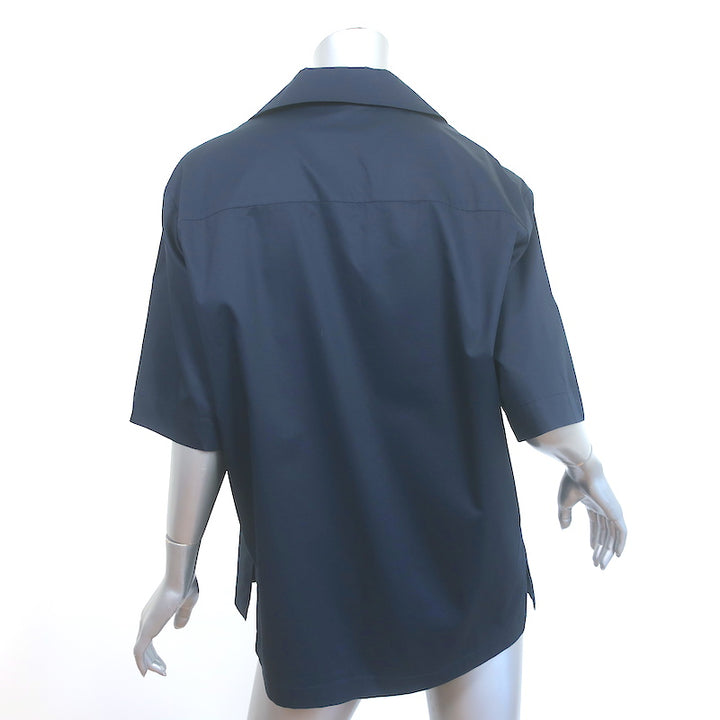 Tibi Camp Shirt Navy Eco Poplin Size Medium Short Sleeve Top