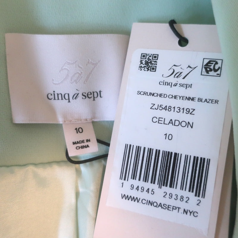 Cinq a Sept Cheyenne Scrunched-Sleeve Blazer Celadon Crepe Size 10 NEW