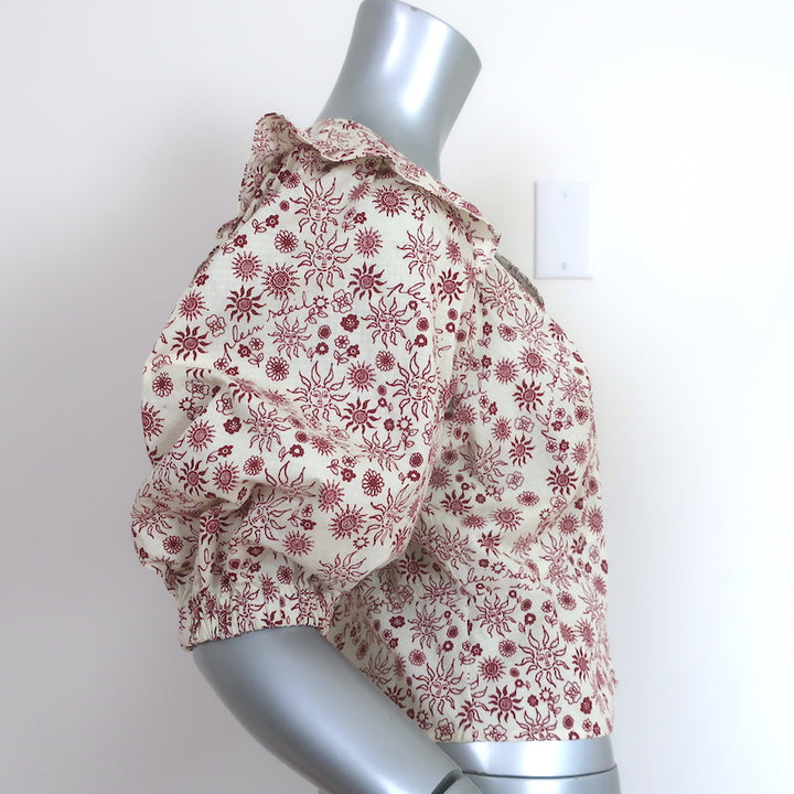 Sandro Puff Sleeve Top Miranda Cream/Red Sun Print Size 2 Button-Up Blouse