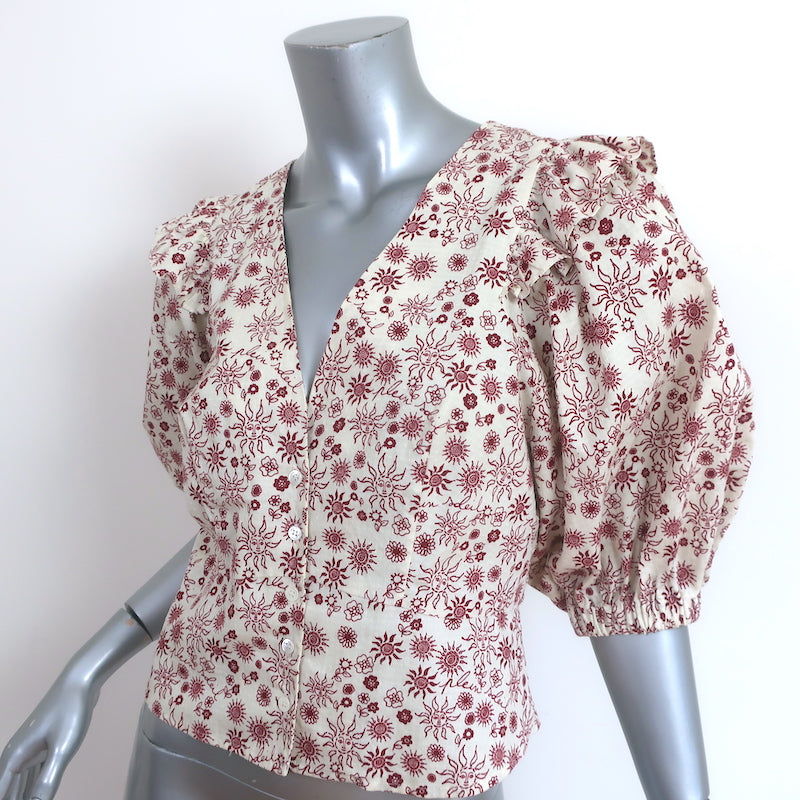 Sandro Puff Sleeve Top Miranda Cream/Red Sun Print Size 2 Button-Up Blouse