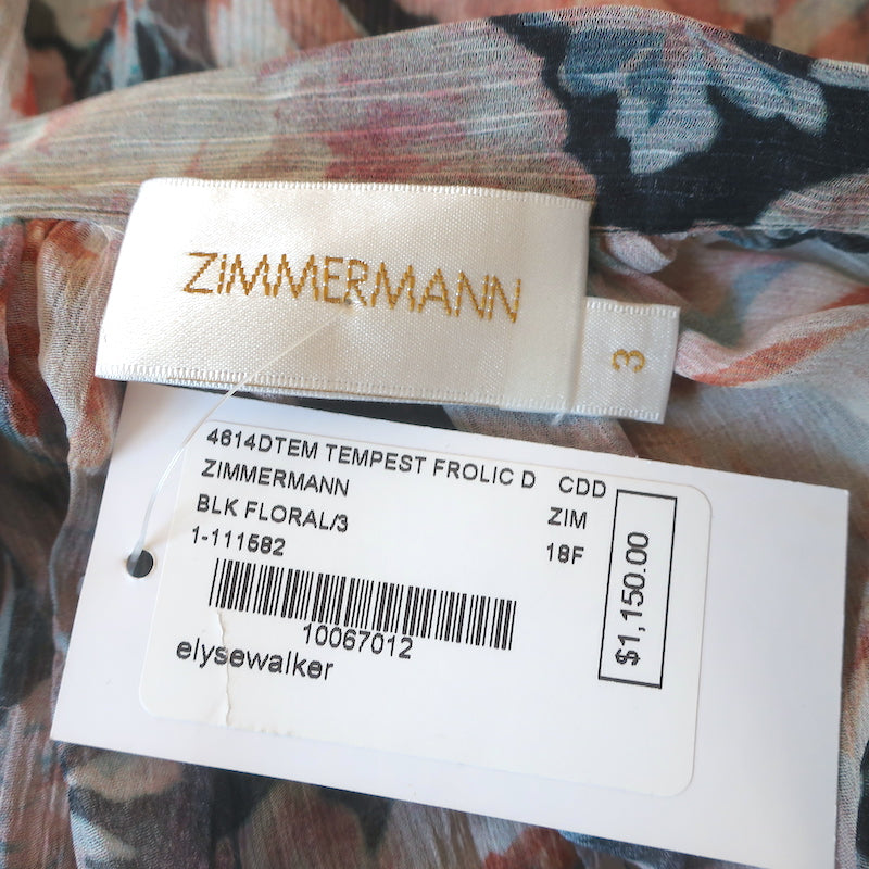 Zimmermann Long Sleeve Maxi Dress Tempest Frolic Floral Print Chiffon Size 3 NEW