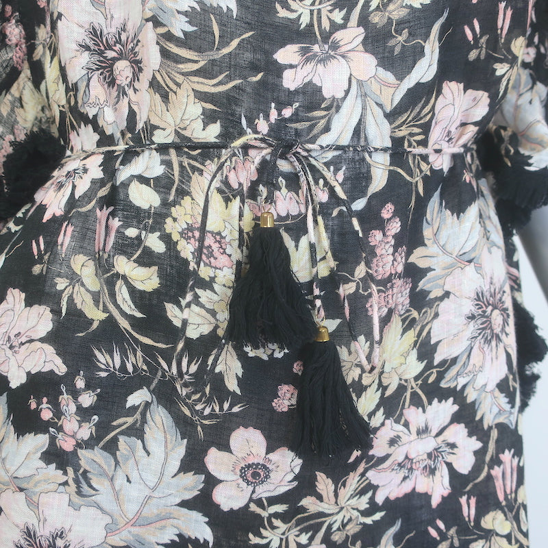 Zimmermann Gossamer Flutter Fringe Mini Dress Black Floral Print Linen Size 2