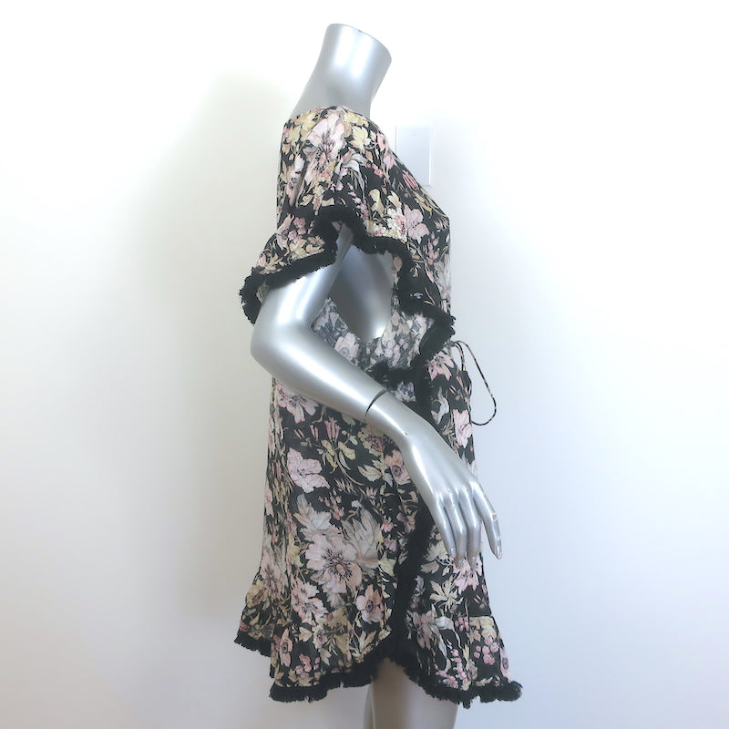 Zimmermann Gossamer Flutter Fringe Mini Dress Black Floral Print Linen Celebrity Owned Zimmermann Gossamer Flutter Fringe Mini Dress Black Floral Print Linen Celebrity Owned