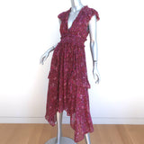Ulla Johnson Asymmetric Midi Dress Ressie Burgundy Floral Print Silk Size 6
