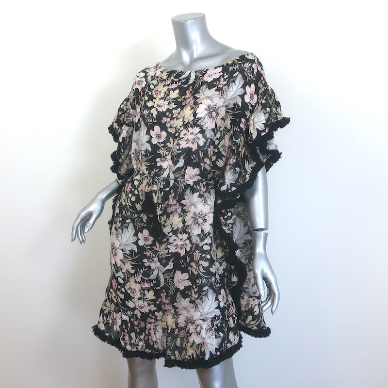 Zimmermann Gossamer Flutter Fringe Mini Dress Black Floral Print Linen Size 2