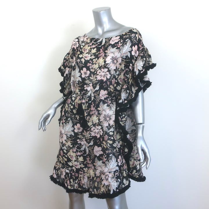 Zimmermann Gossamer Flutter Fringe Mini Dress Black Floral Print Linen Size 2