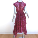 Ulla Johnson Asymmetric Midi Dress Ressie Burgundy Floral Print Silk Size 6